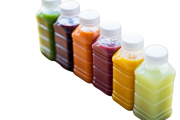 PLA compostable juice bottles row 6 juices
